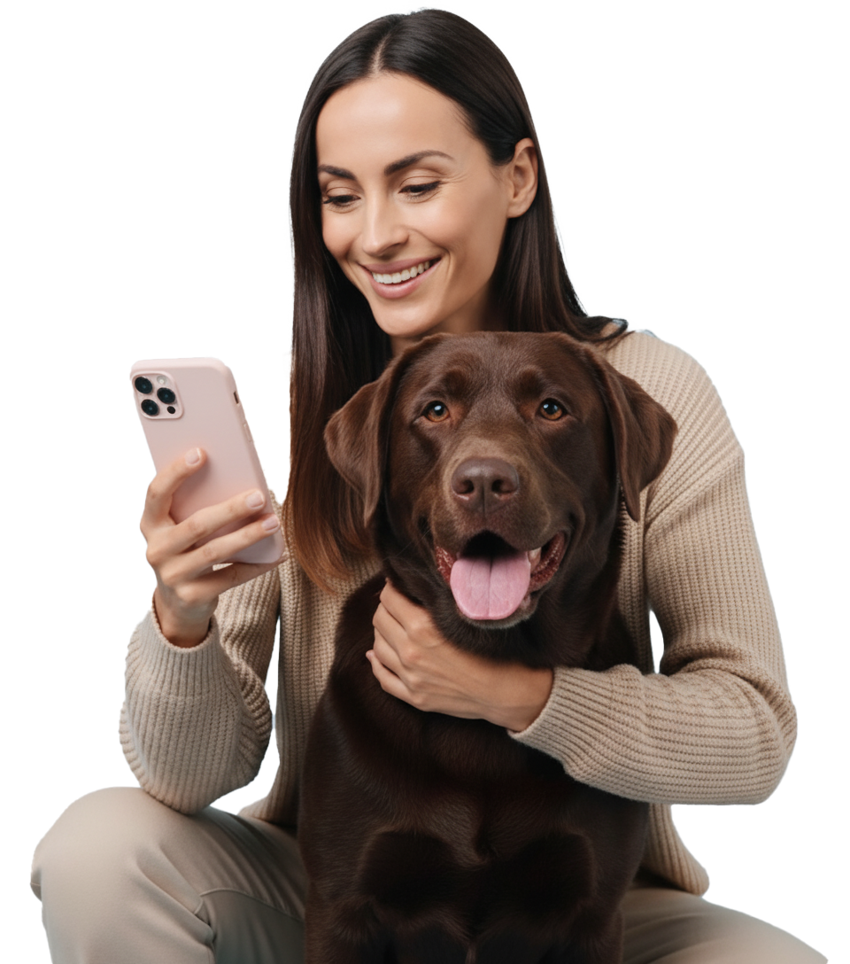 Mujer interactuando con la App Vetify junto a su perro